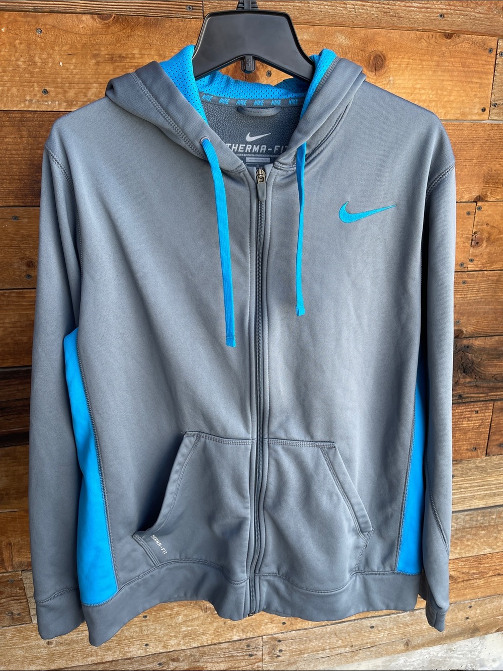 Nike Therma-FIT Gray Blue Full Zip Hoodie Fleece Lined Jacket Men’s Large
